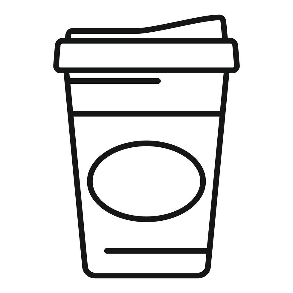 Disposable coffee cup with round label outline icon representing coffee break vector