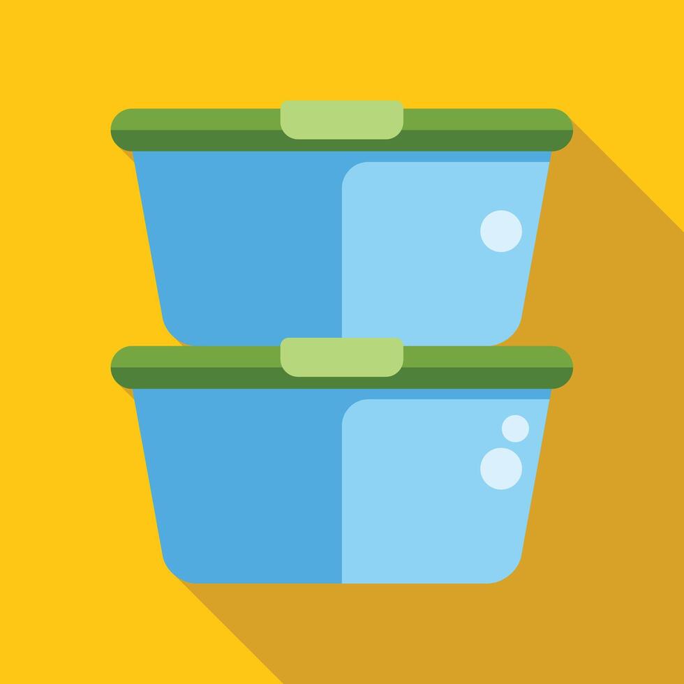Two blue plastic lunch boxes stacked with green lids vector