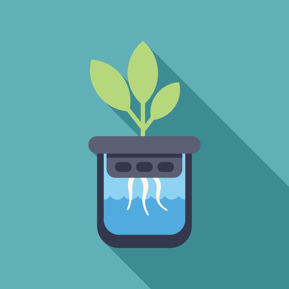 Green plant growing hydroponically in water with long roots visible vector