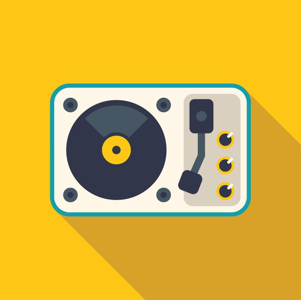 Vinyl record player playing music on yellow background vector