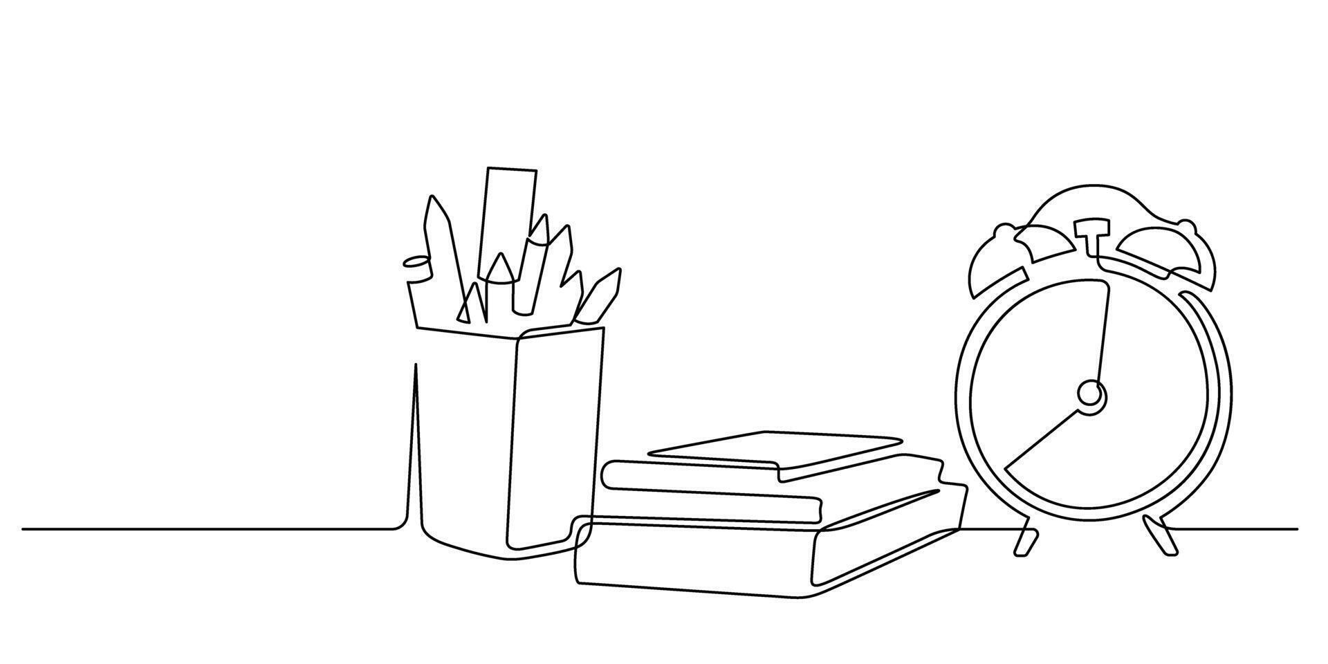 pencil holder and alarm with stack of books one line drawing continuous vector