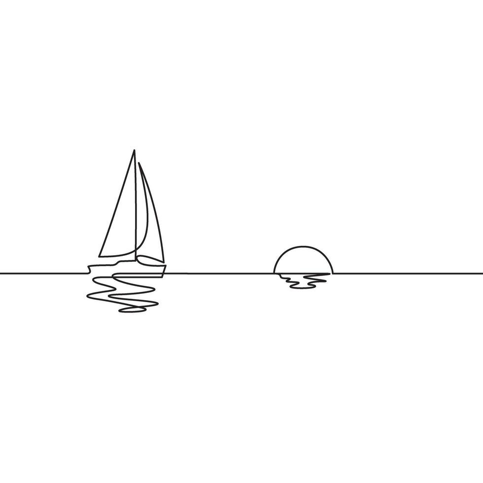 sailing boat with coastline and sunset one line drawing vector