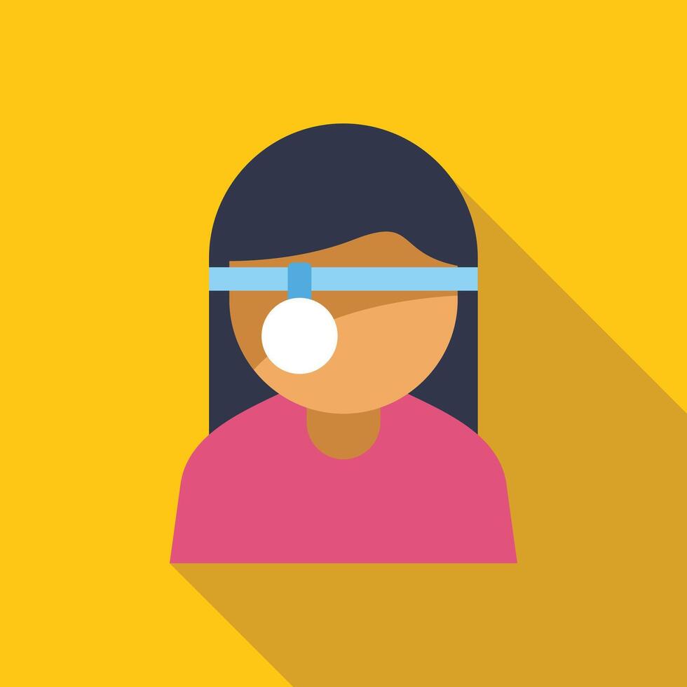 Minimalist flat vector illustration of a young patient undergoing an eye exam with a medical patch