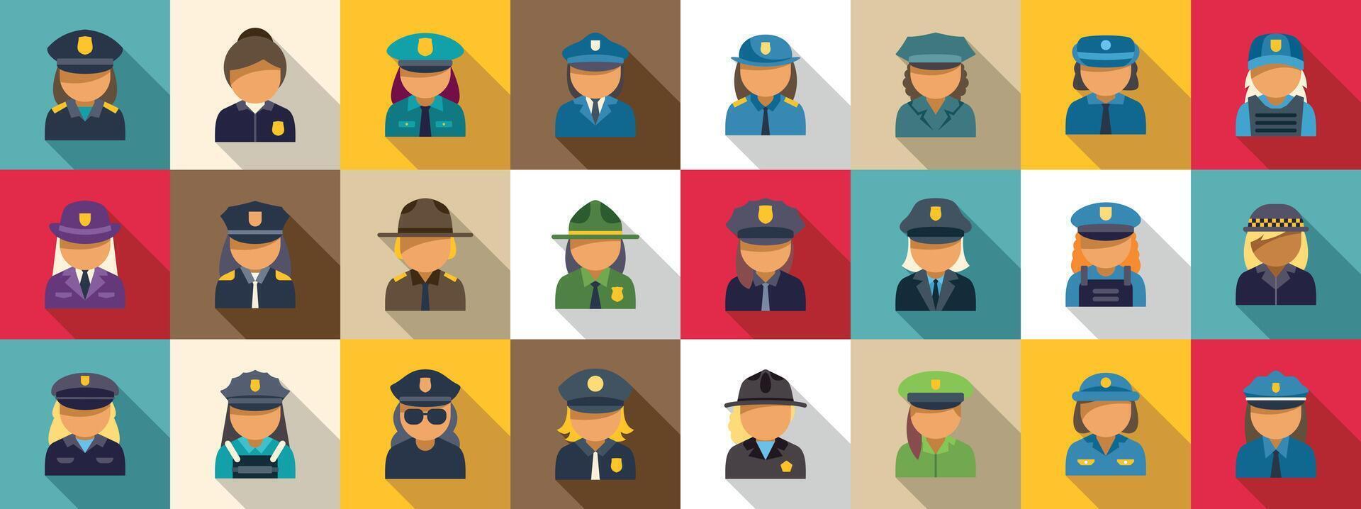 Policewoman icons set. Different female characters avatars icons set, flat style vector