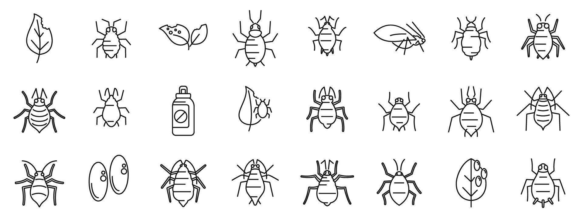 Aphid icons set. Line icons of different parasites and insecticides vector