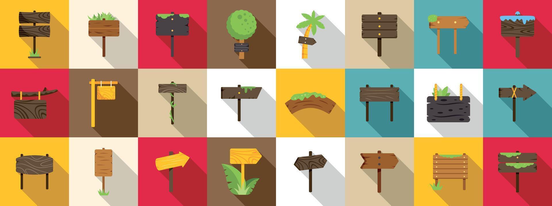 Forest wooden signboard icons set. Set of various wooden signposts showing different directions in nature vector
