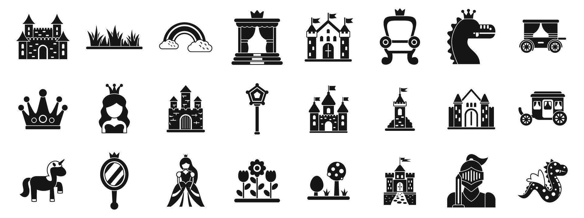 Fairytale princess castle icons set. Fairy tale kingdom icons showing fantasy world vector