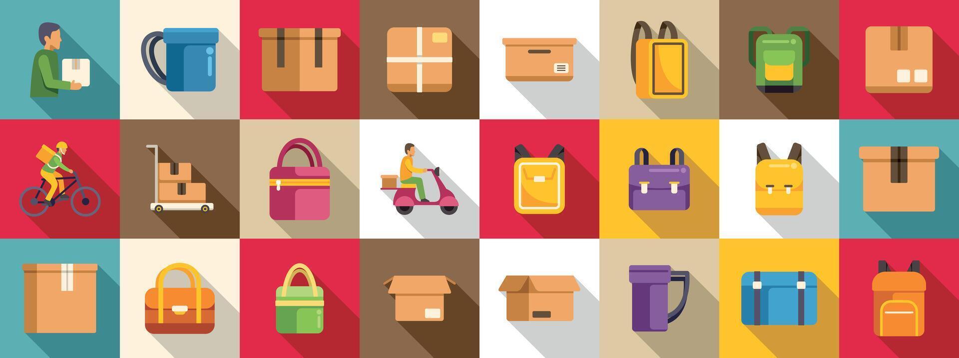Case courier icons set. Delivery service icons showing deliverymen carrying packages with backpacks and boxes vector