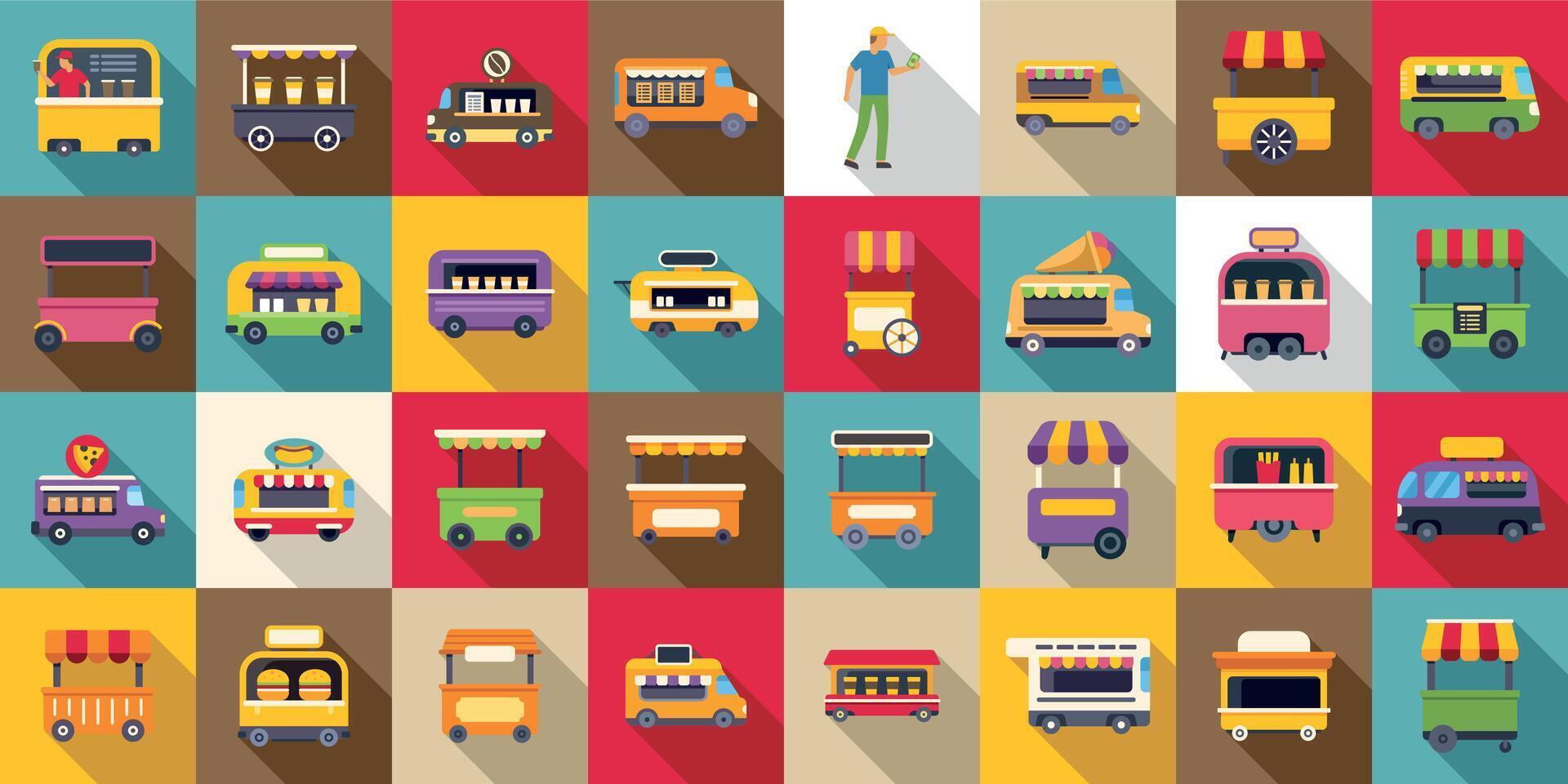 Cafe wheels icons set. Large set of food trucks and street food kiosks offering diverse menu options vector