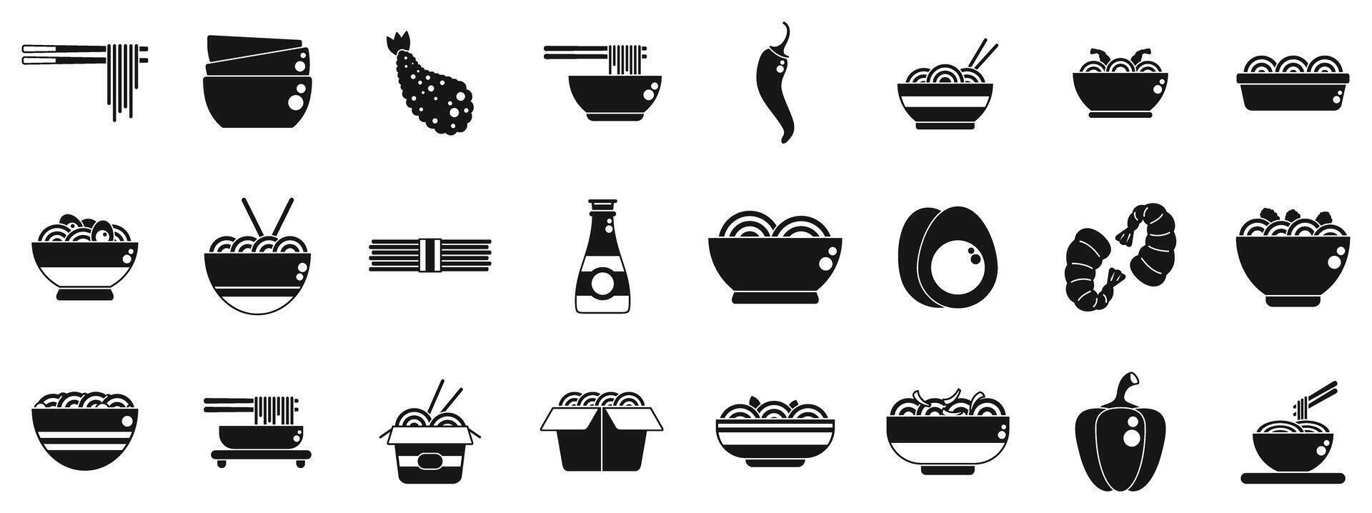 Udon noodles icons set. Various bowls are containing ramen noodles with chopsticks, shrimps, eggs and peppers icons set vector