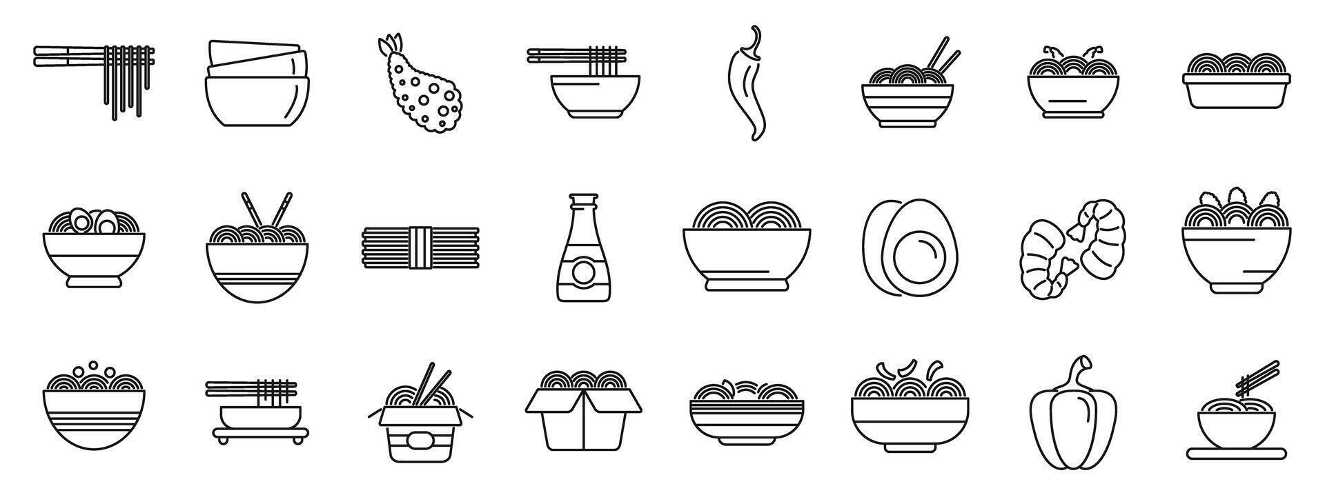 Udon noodles icons set. Asian food icons showing noodles, shrimps and vegetables being prepared vector