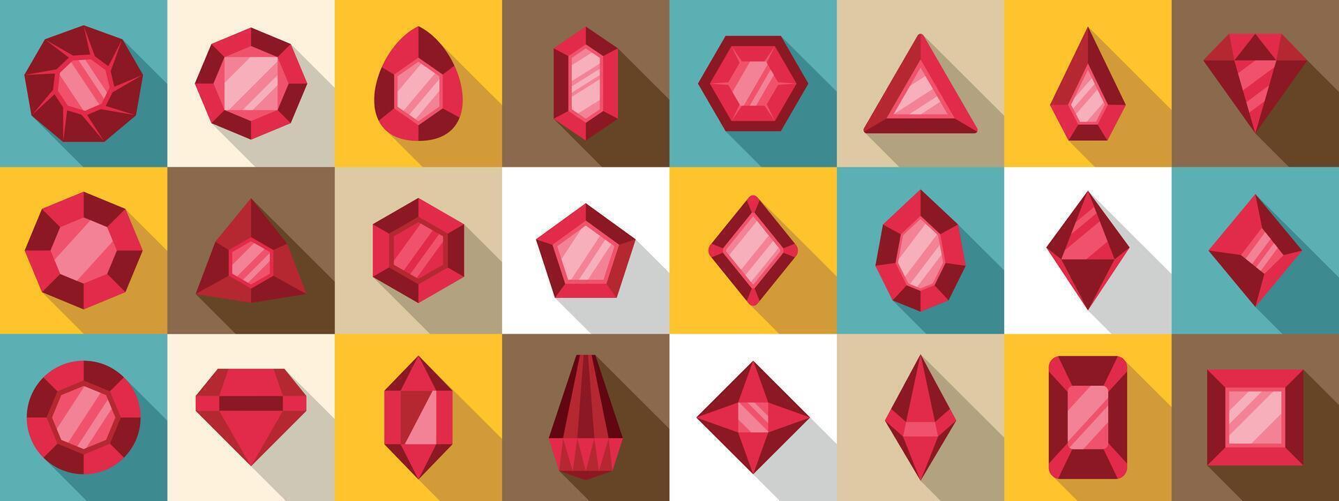 Ruby rock icons set. Set of various shapes red gemstones shining with flat design vector