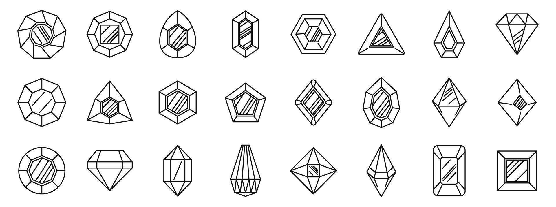 Ruby rock icons set. Set of different cuts of precious stones, minerals, diamonds, crystals, reflecting light, hand drawn vector illustration