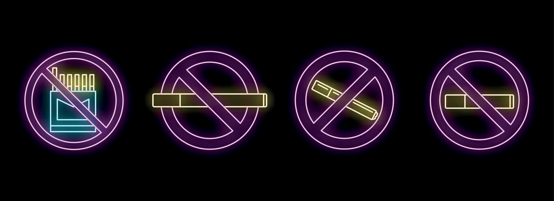Neon no smoking sign with smoking cigarettes in circle isolated on black background vector