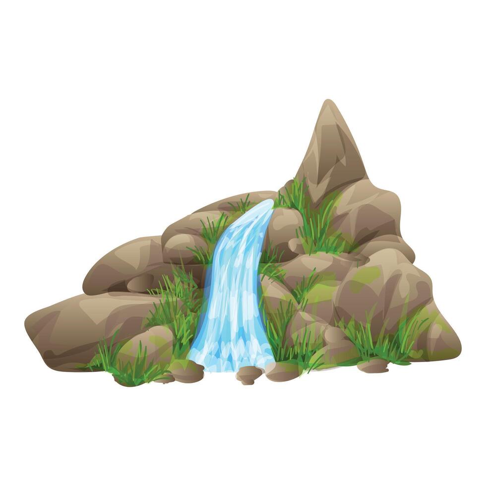 Small waterfall cascading over rocks covered in green grass vector