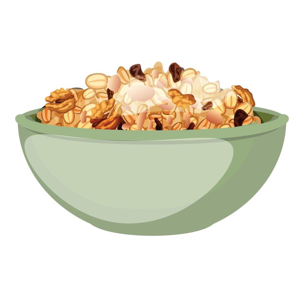Green bowl overflowing with granola and dried fruits for breakfast vector