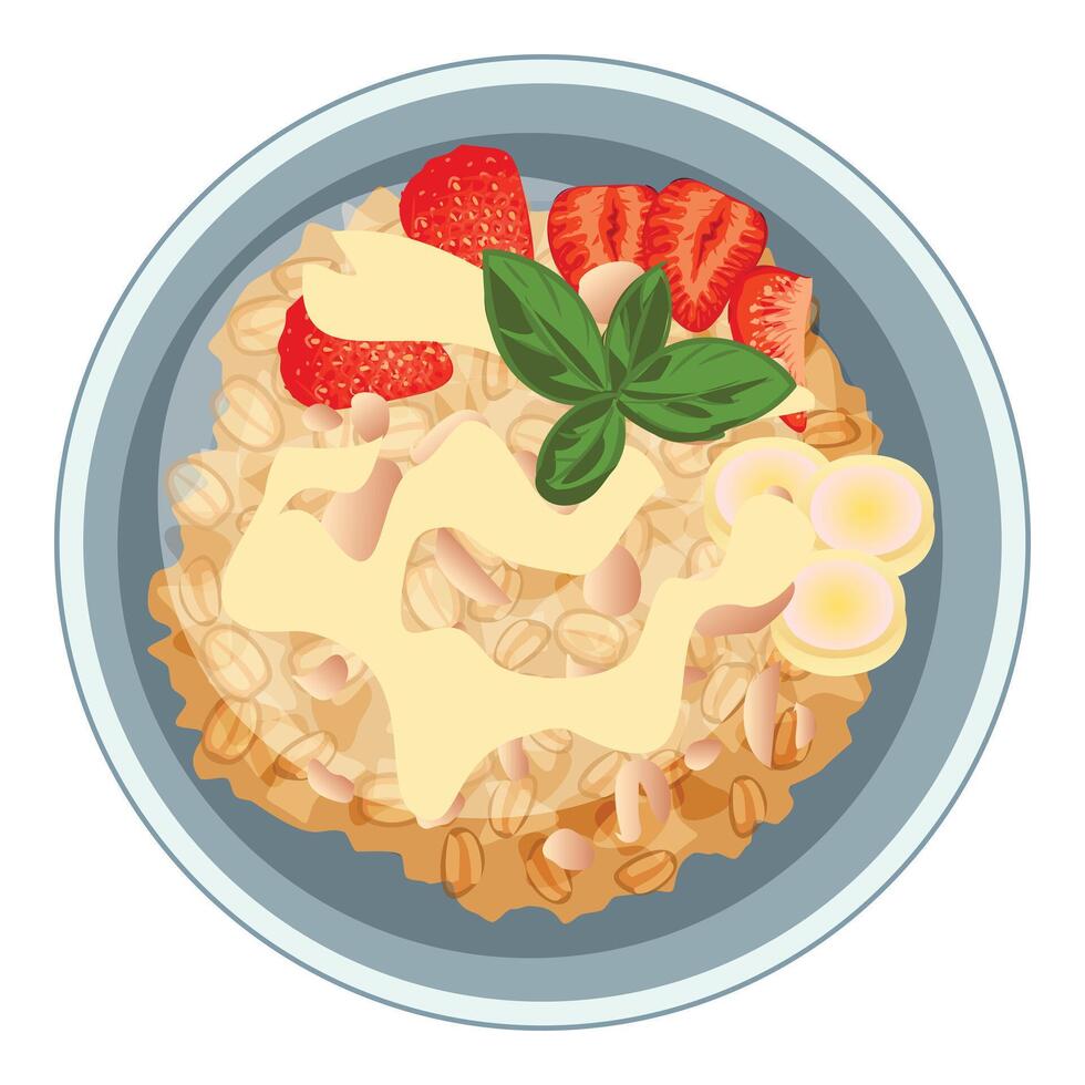 Oatmeal porridge with strawberries, banana slices, peanut butter and basil leaves in a bowl vector