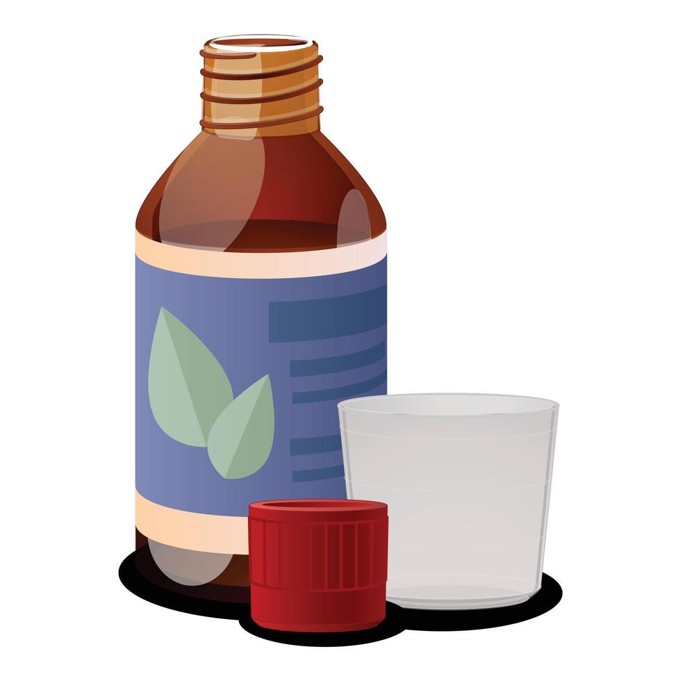 Brown glass syrup bottle open with measuring cup and lid vector