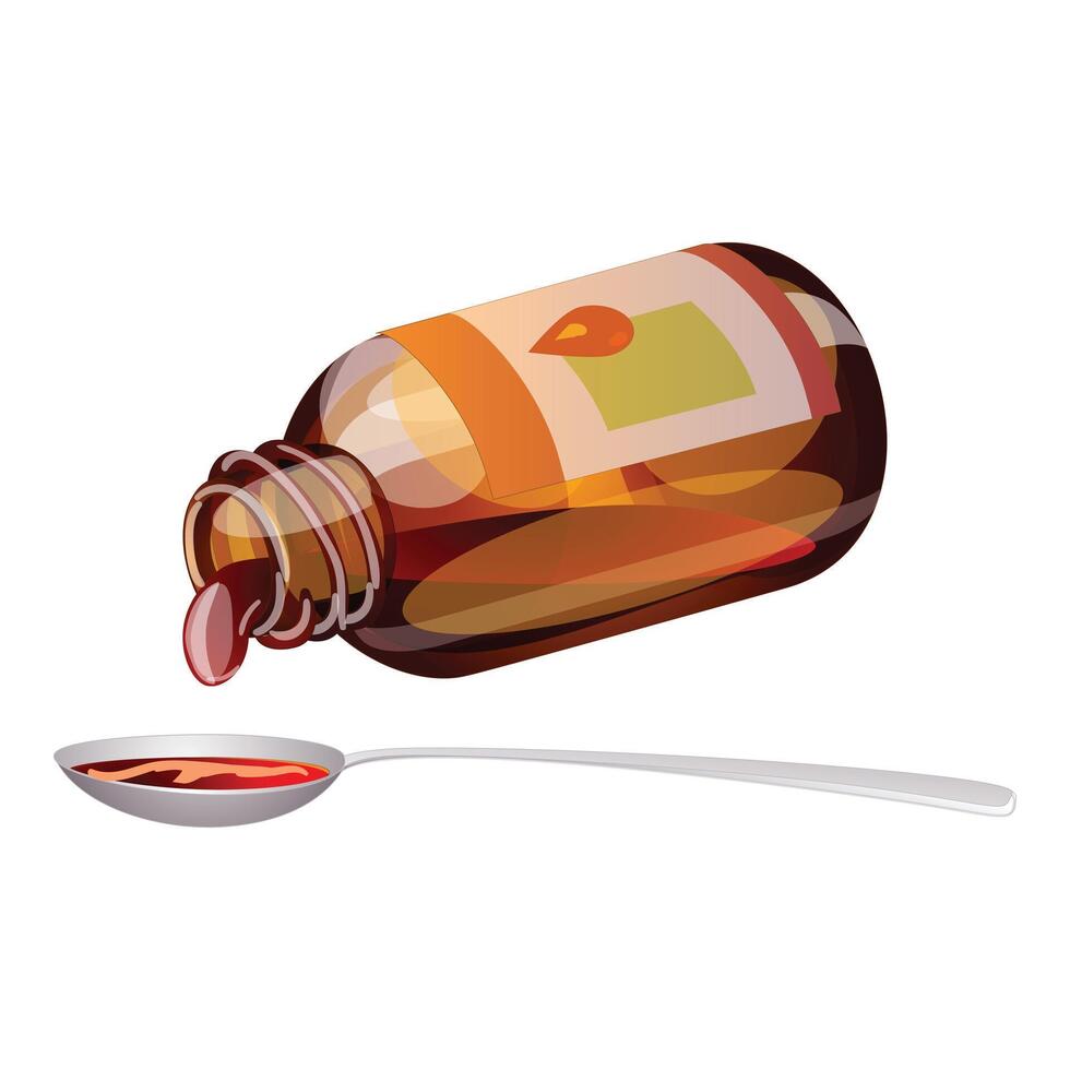 Brown medical bottle pouring syrup into a spoon vector