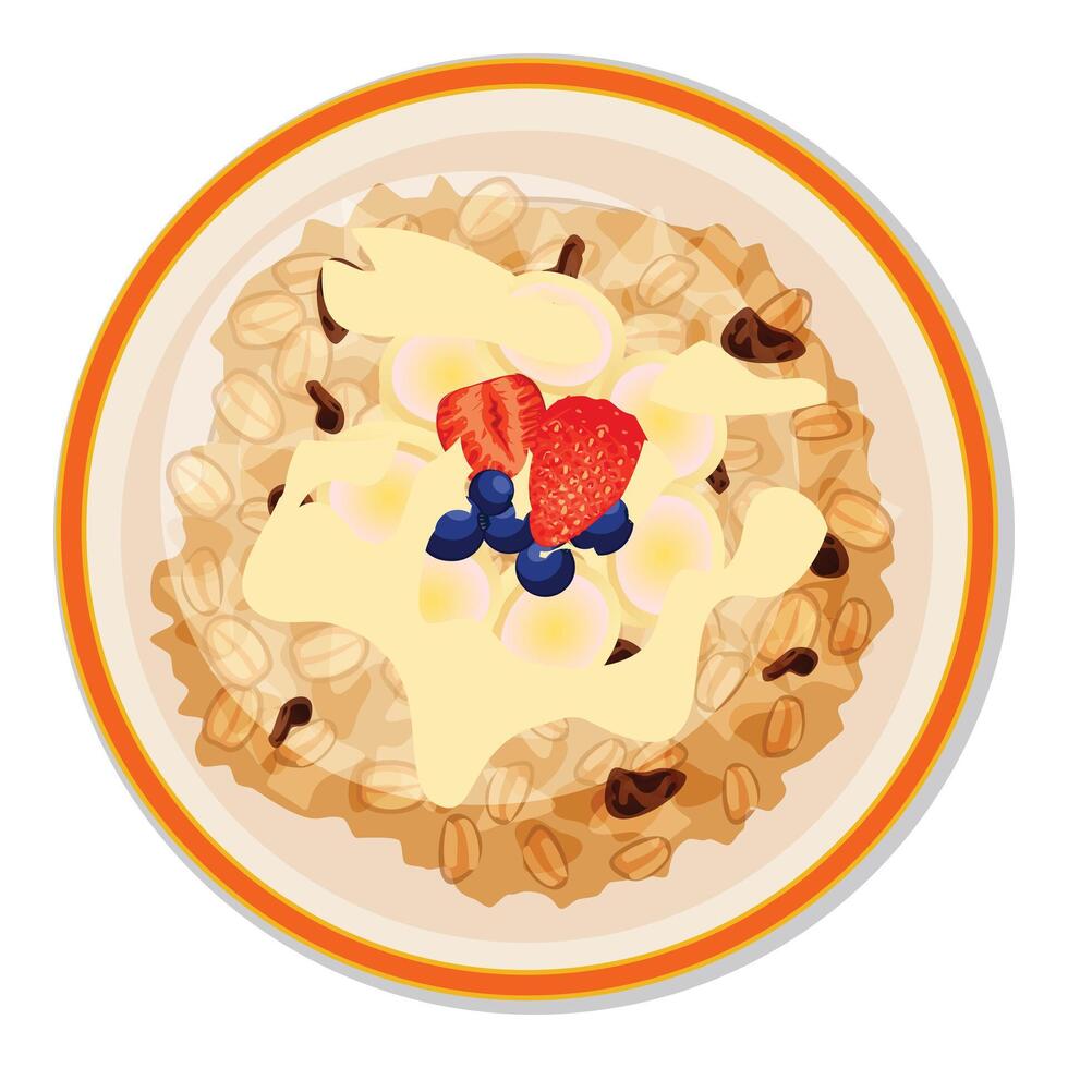 Bowl of oatmeal porridge with fruits and cream being prepared for breakfast vector