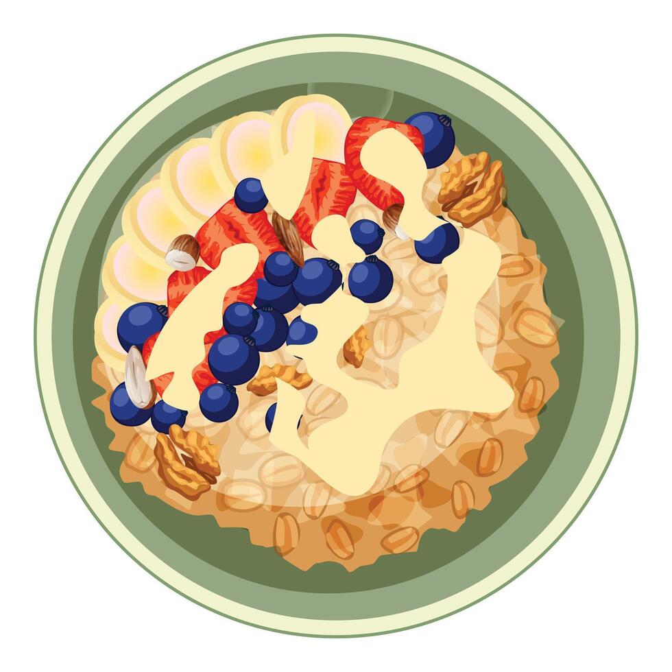 Bowl of oatmeal with fruits, nuts, and cream being poured on top vector