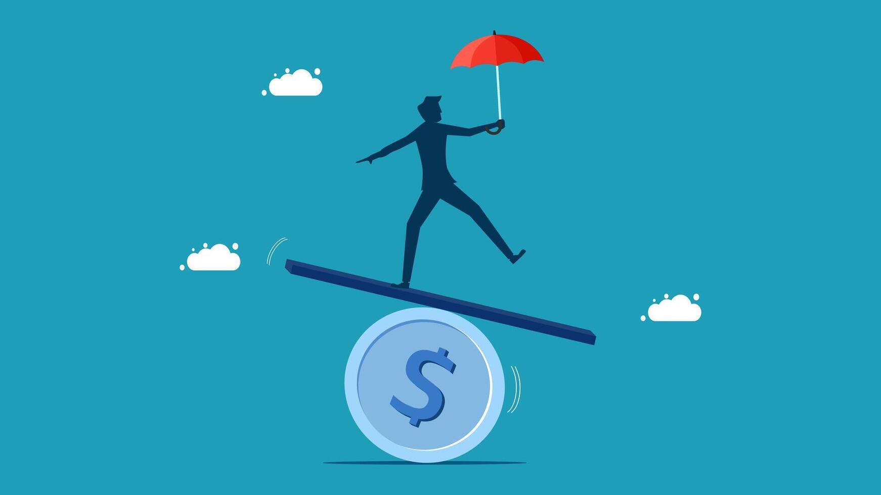 businessman balancing on coin and umbrella on balance scale vector