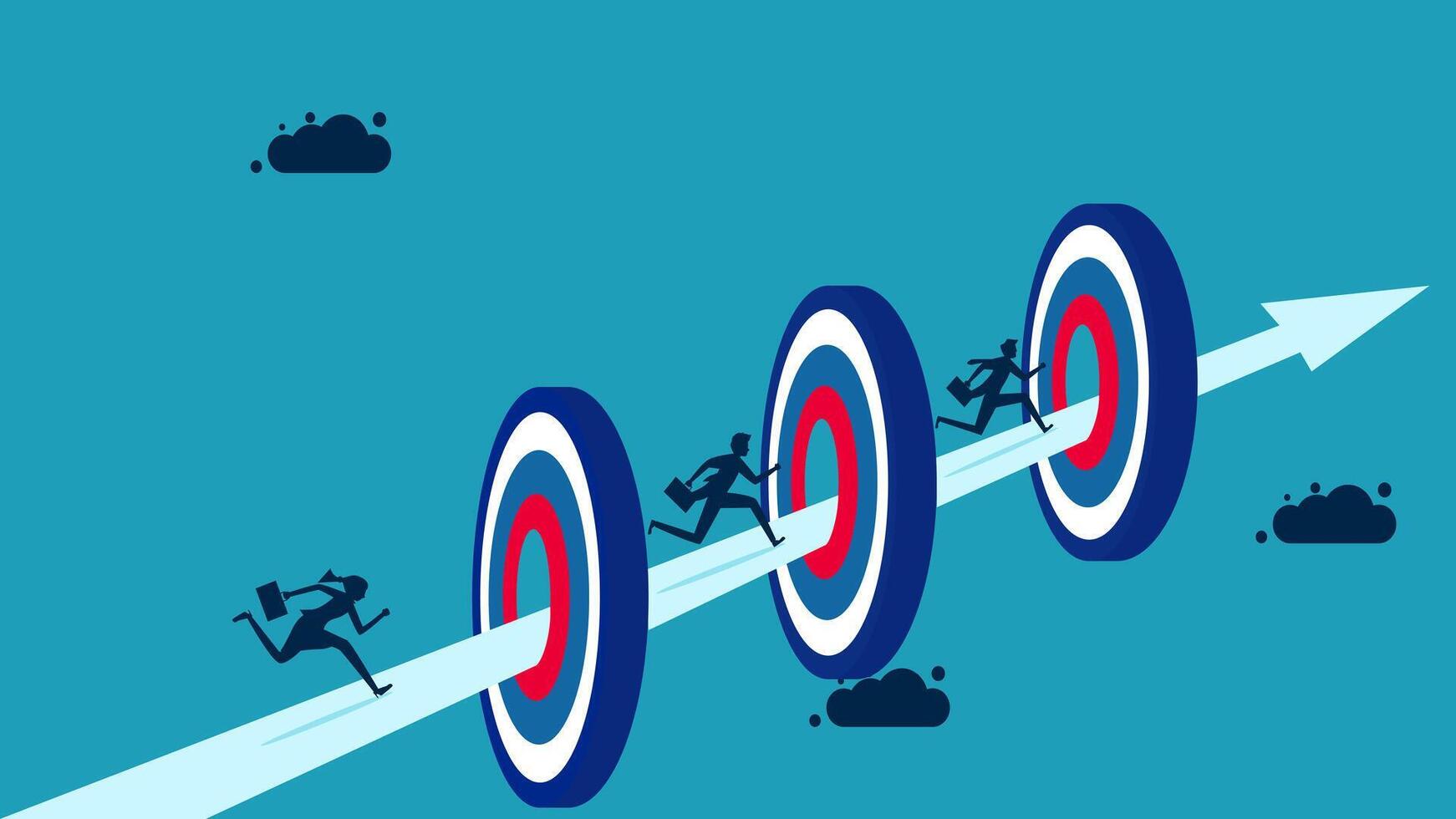 businesswoman running to the target in the middle of three arrows vector