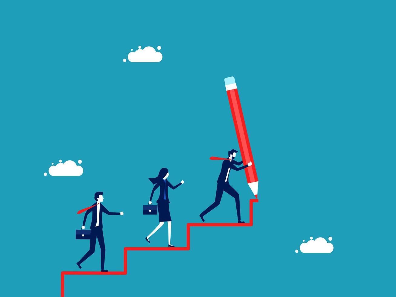 people climbing up stairs with a large red pencil vector