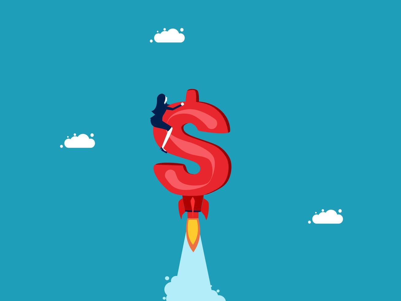 woman is riding on a rocket with a dollar sign vector