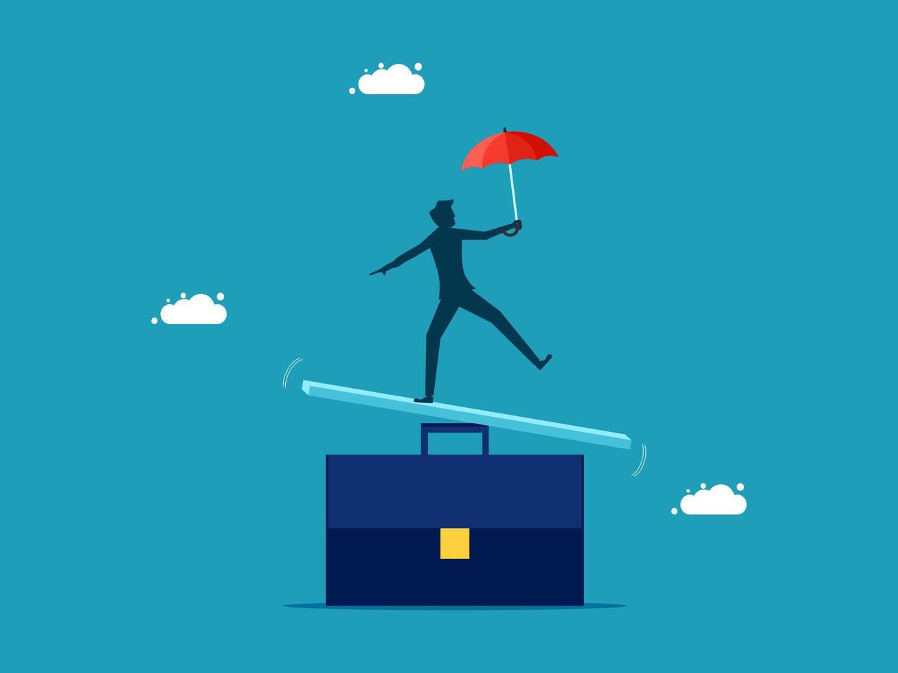 businessman balancing on a scale with umbrella and briefcase vector