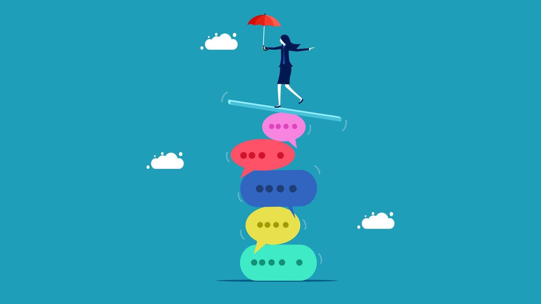 businesswoman balancing on top of stack of speech bubbles vector
