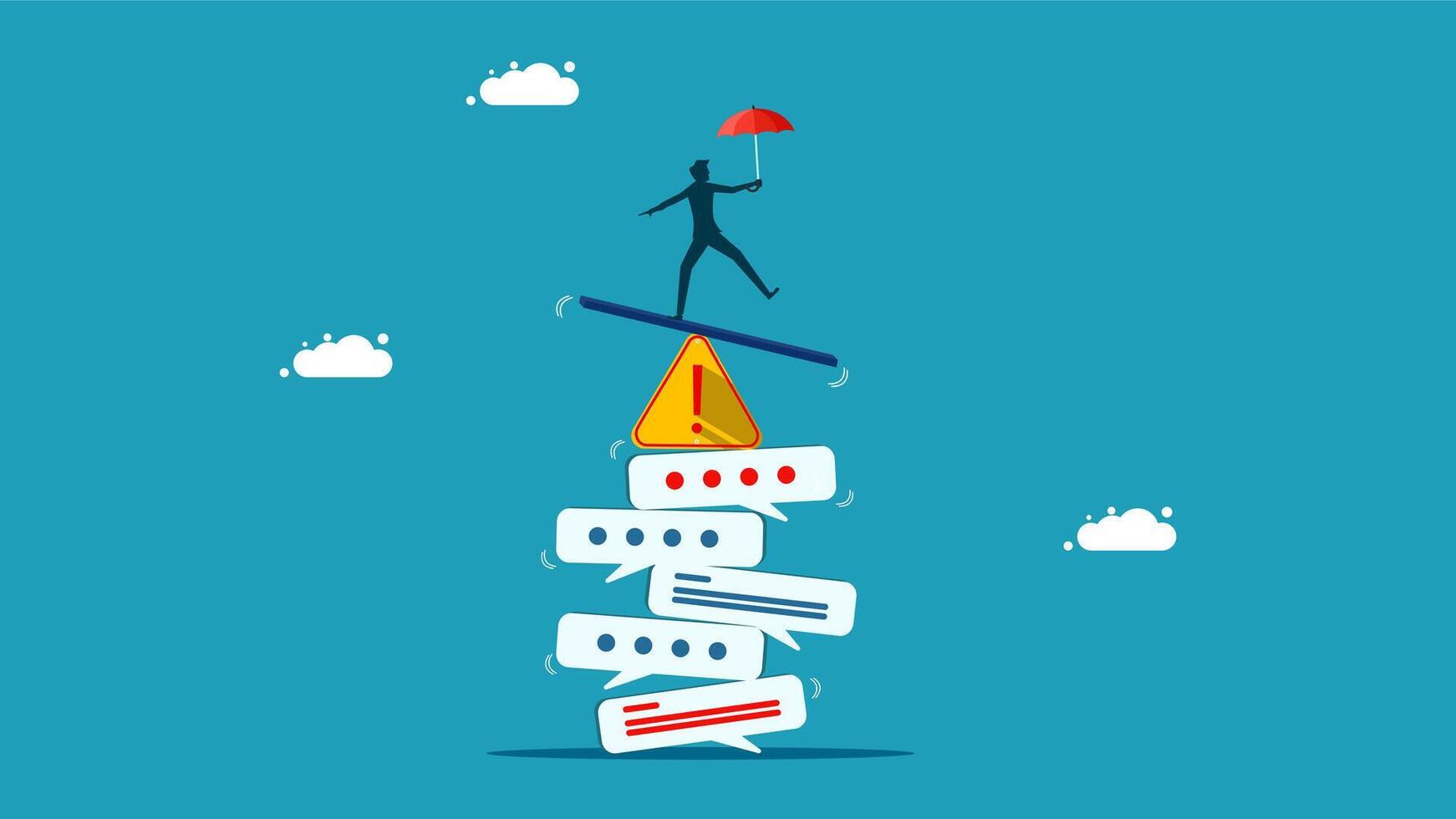businessman balancing on top of a stack of speech bubbles vector