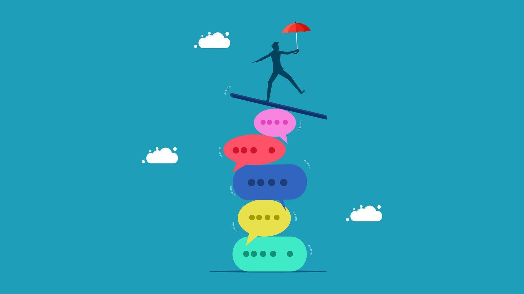 businessman balancing on top of stack of speech bubbles vector