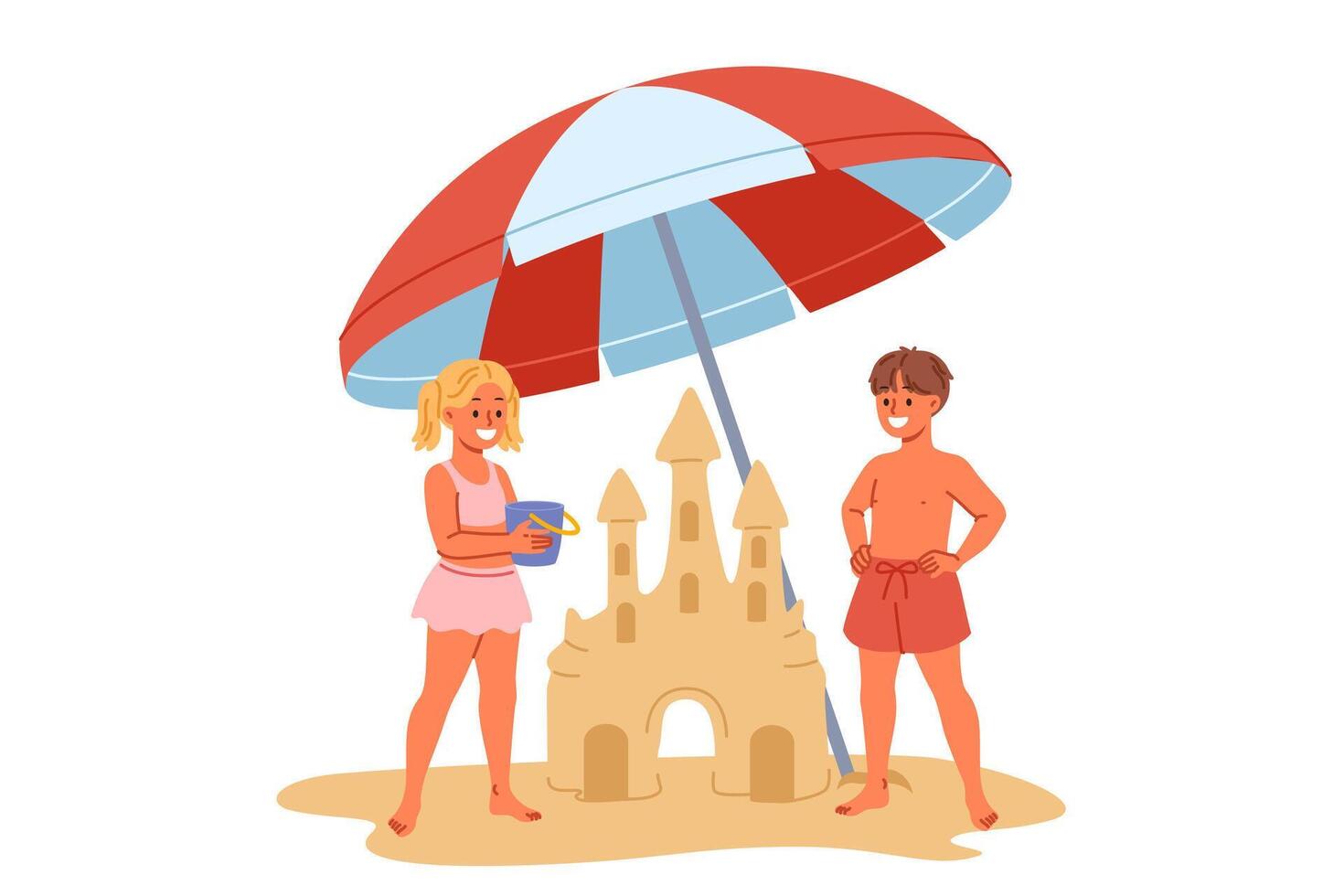 Children build sand castle on beach, standing with umbrella to protect them from sun vector