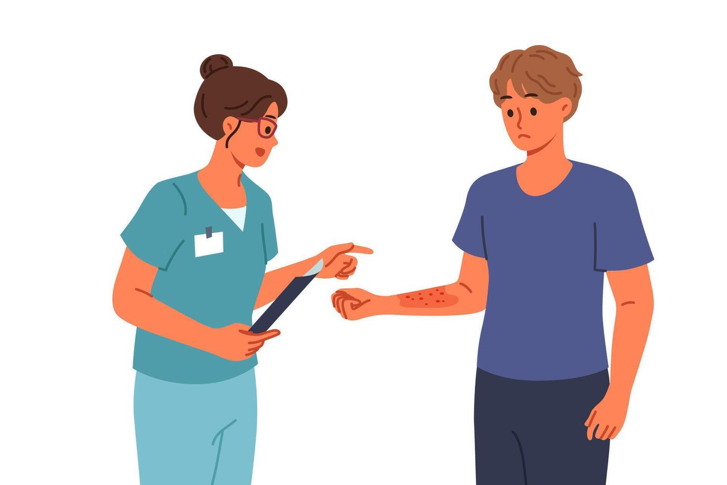 Man with allergies seen by doctor examining rash and redness of skin caused by influence of allergen vector