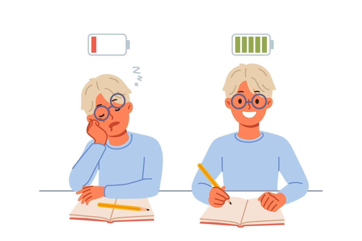 Exhausted schoolboy doing homework, showing comparison before and after healthy sleep or rest vector