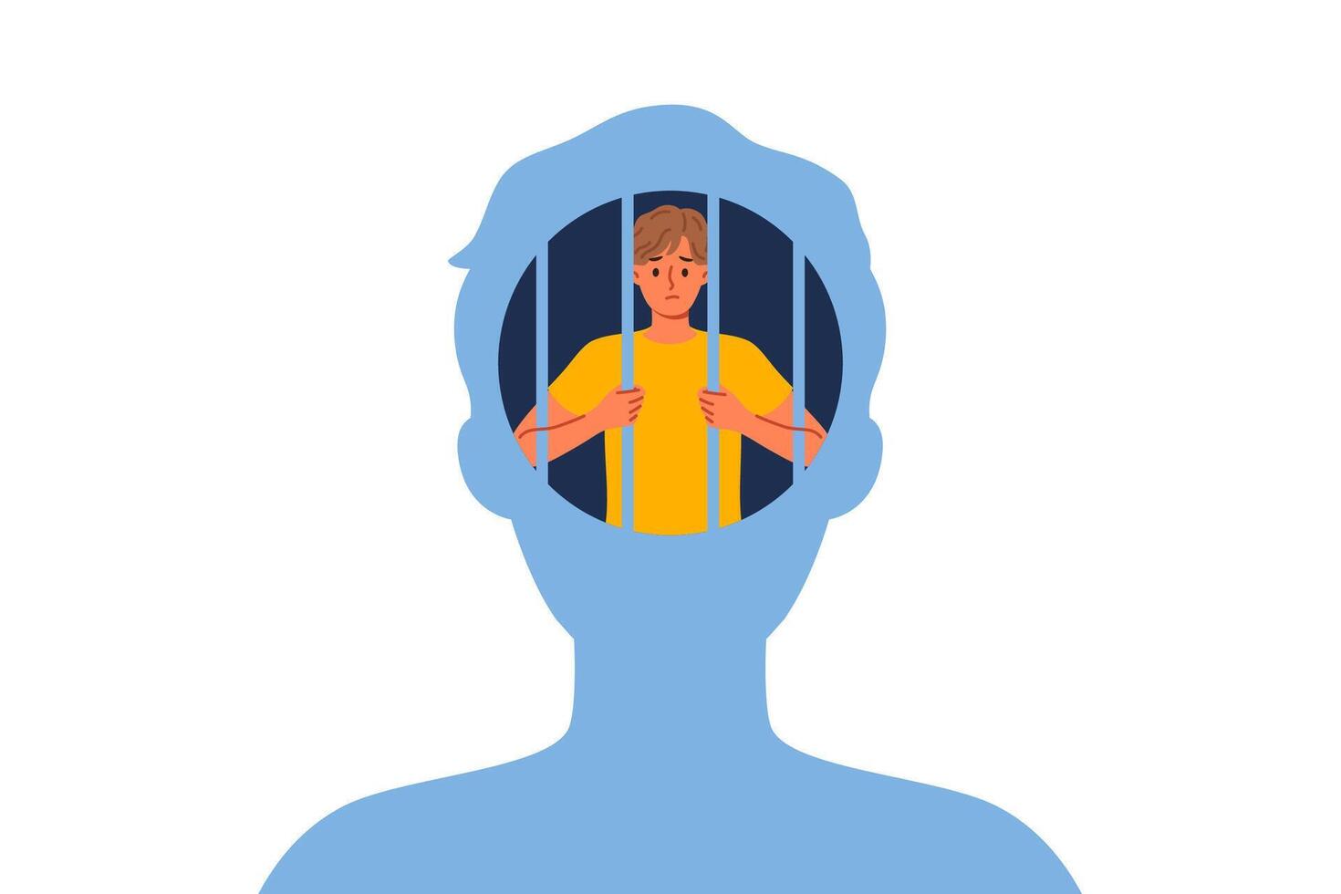 Man hostage to own psychological trauma, sits in prison inside head and needs psychotherapist vector