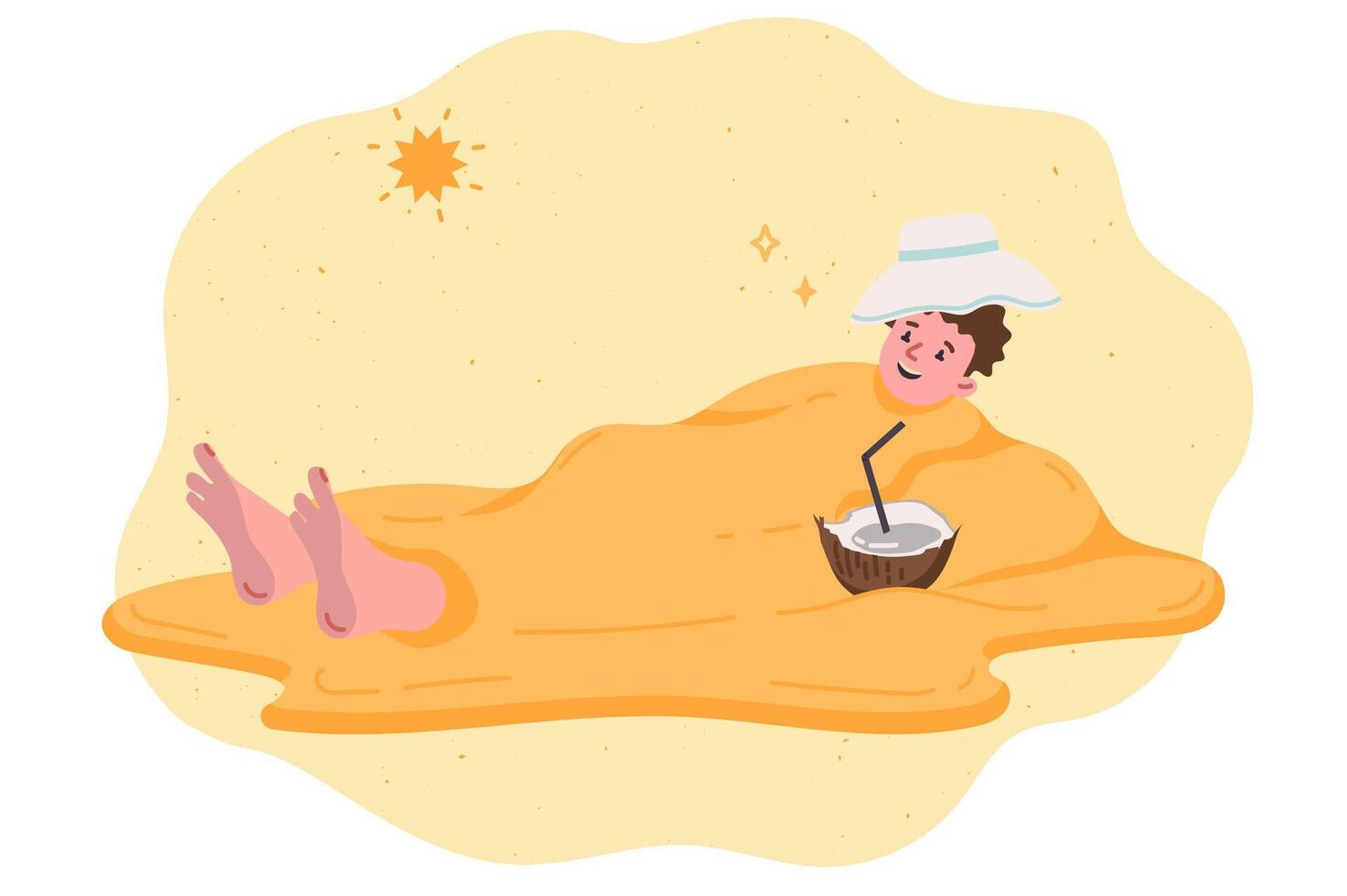 Man relaxing on beach is buried up to neck in sand during summer vacation at resort with friends vector