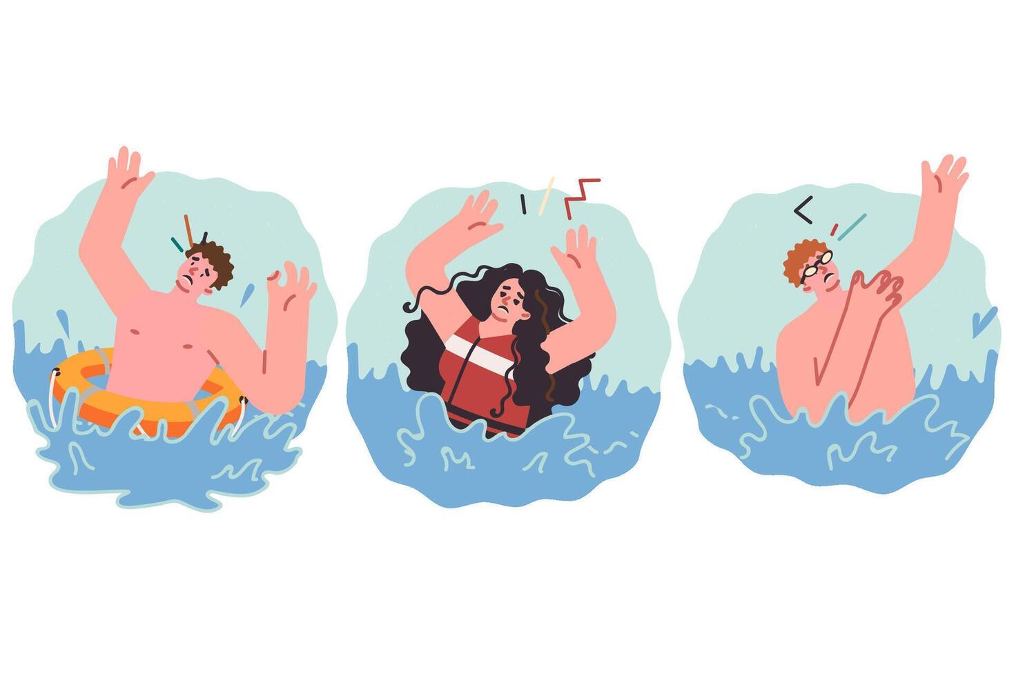 Drowning people call for help and wave hands in anticipation of rescuers after shipwreck vector