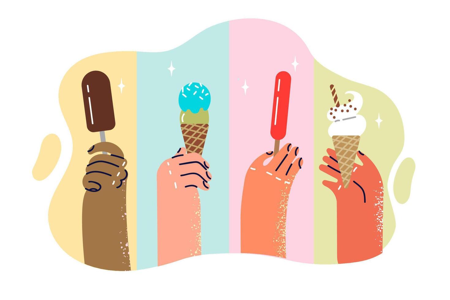 Ice cream in hands of people eating cold dessert to satisfy hunger in summer heat vector