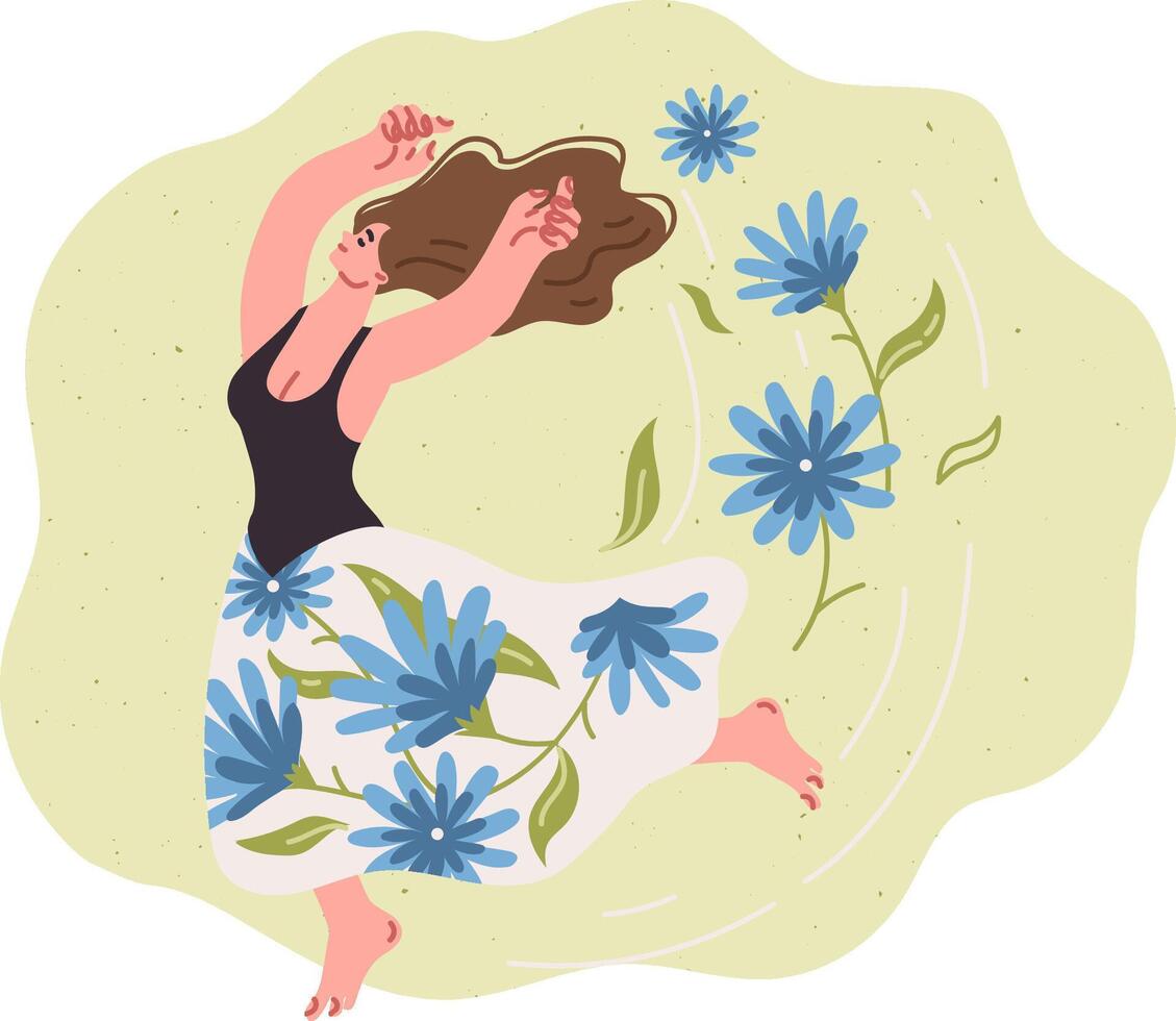 Woman runs through spring meadow with flowers, enjoying smell of plants and warm weather vector