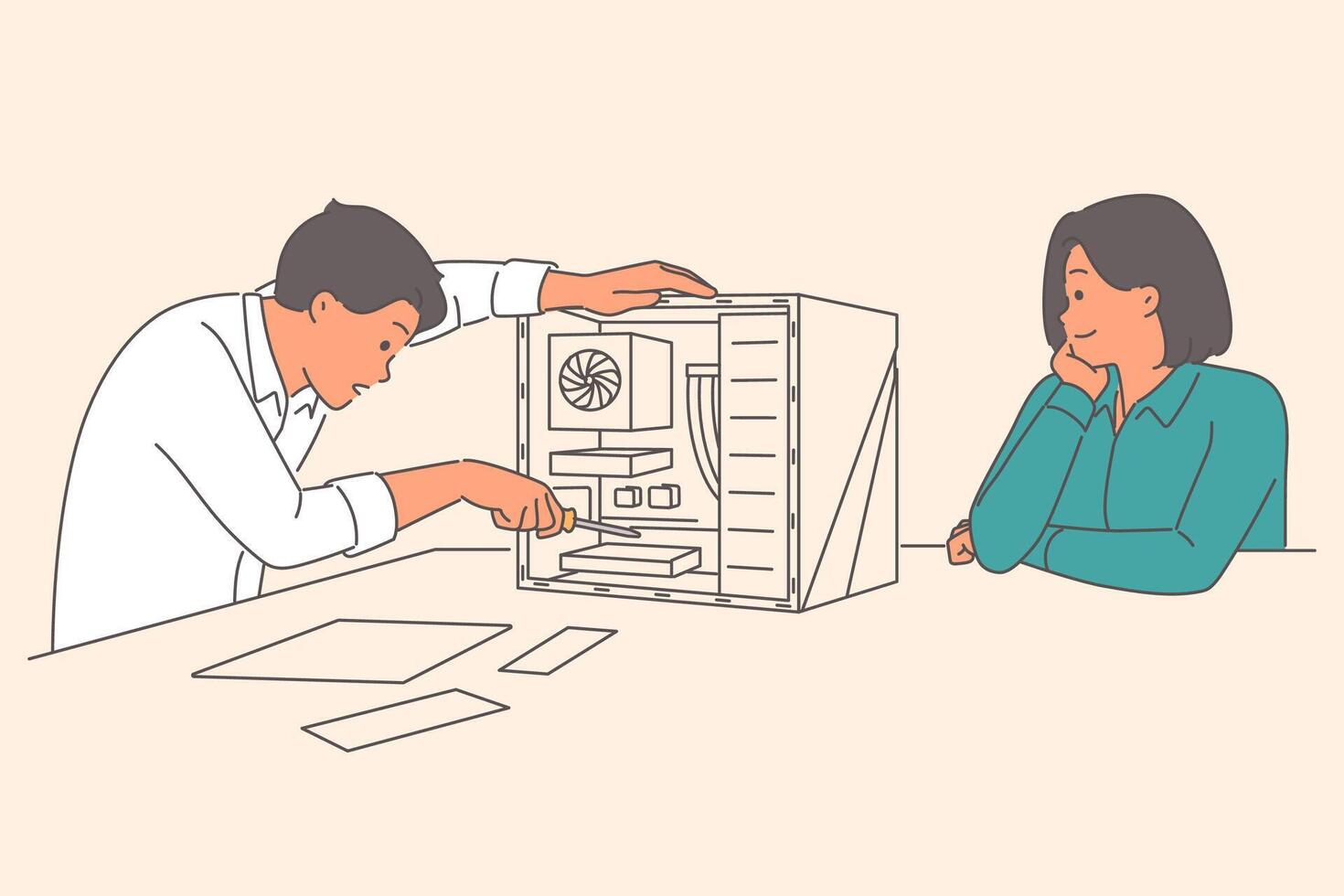 Man master repairing computer system unit to restore operation, sitting near girl in manager office vector