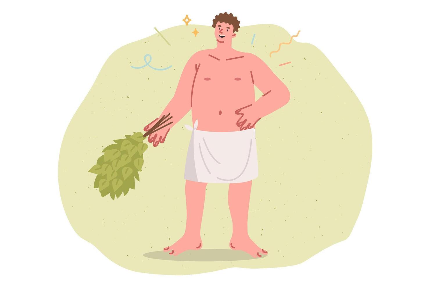 Smiling man bathhouse attendant holds birch broom for massage procedures in bathhouse vector