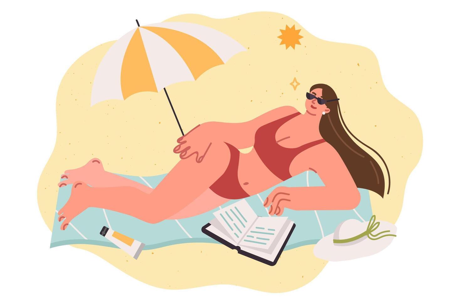 Woman in bikini sunbathes on beach and reads book while lying at sunny resort and enjoying vacation vector
