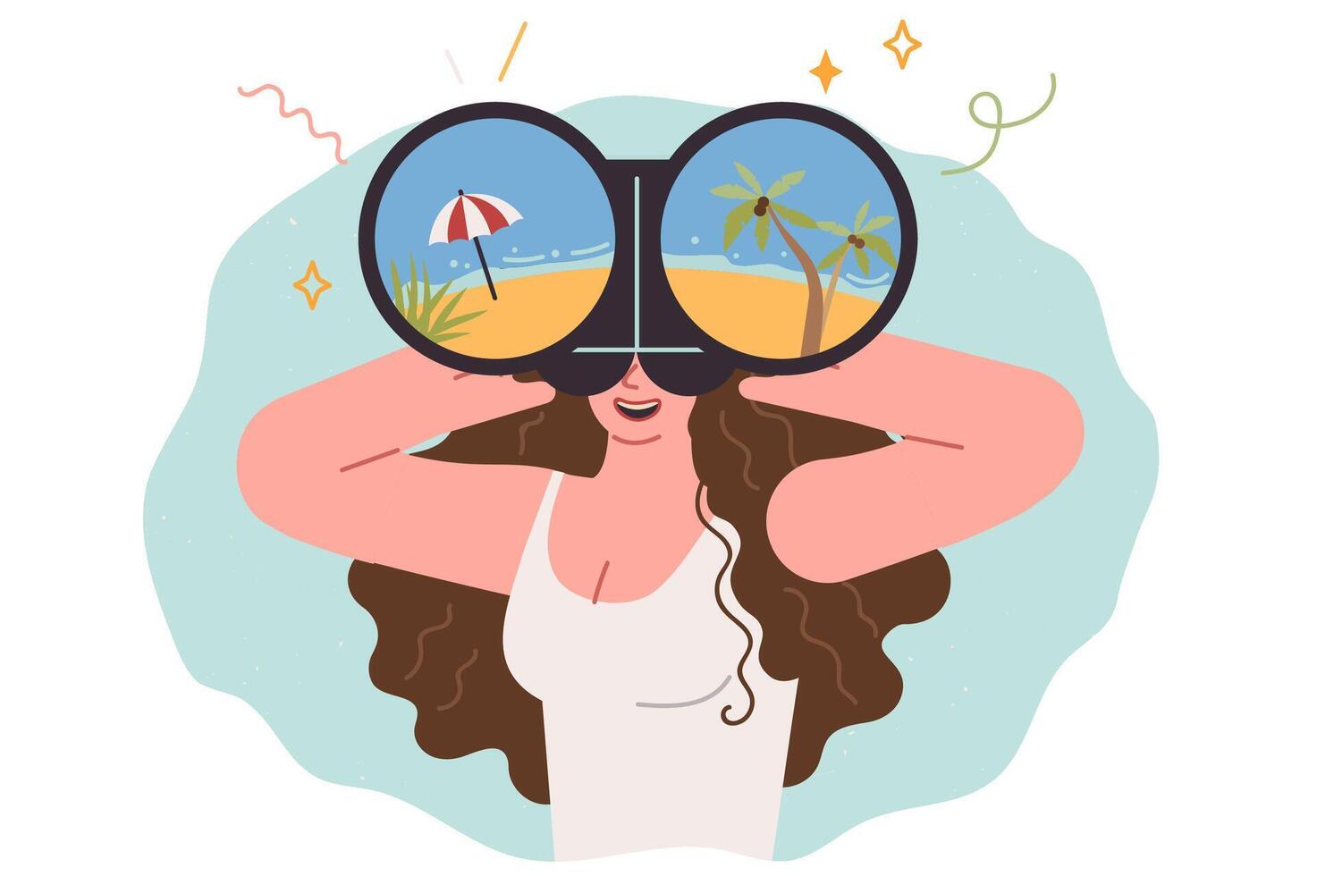 Woman dreams of summer trip to beach and looks through binoculars at seashore with palm trees vector