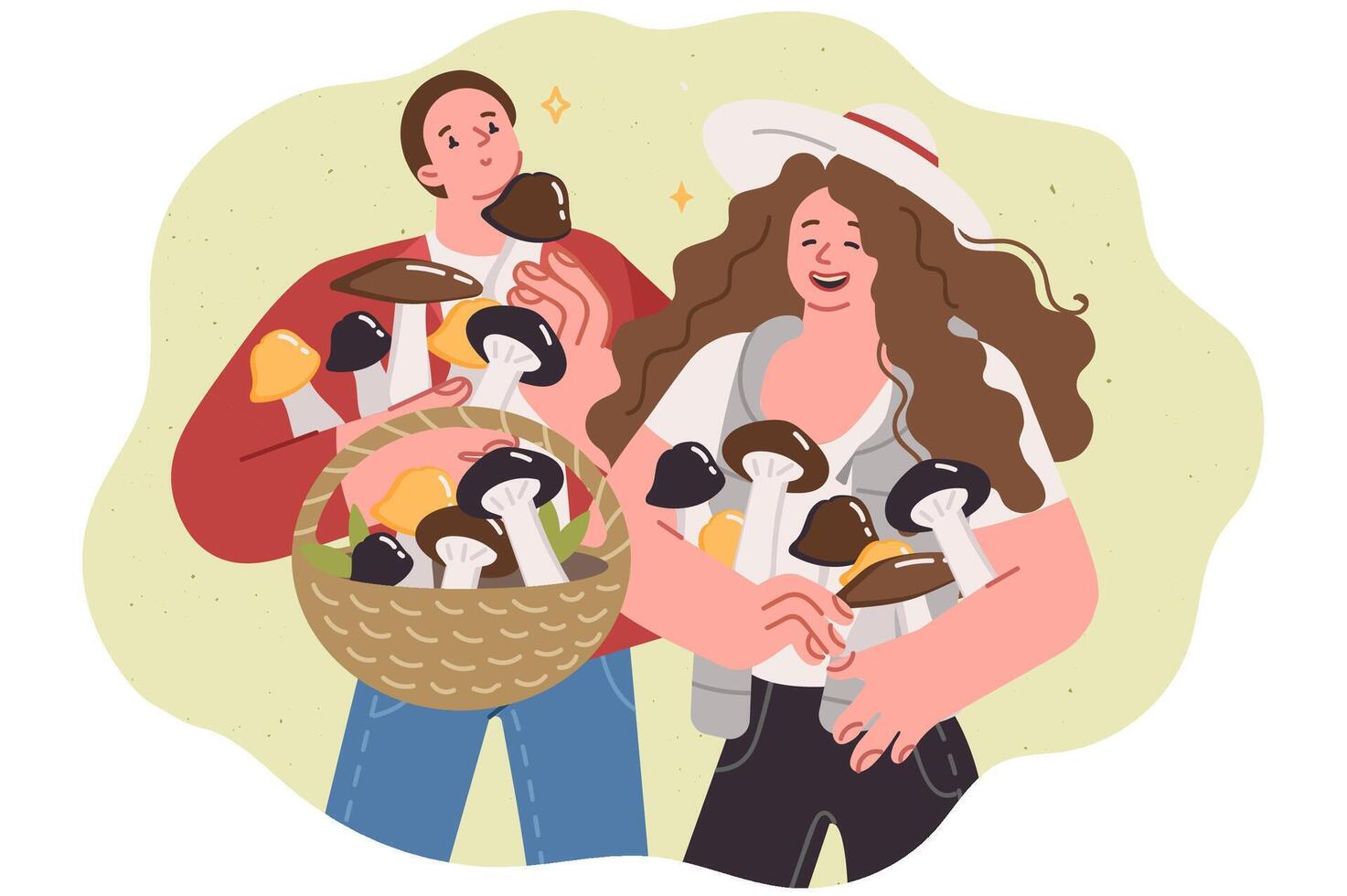 Couple collects mushrooms in wicker basket and laughs, rejoicing at good harvest after autumn rain vector