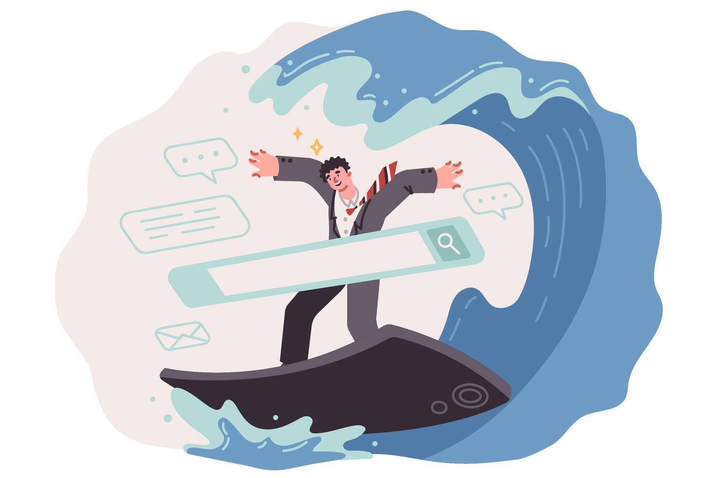 Man is engaged in digital surfing using mobile gadget, riding waves on smartphone vector