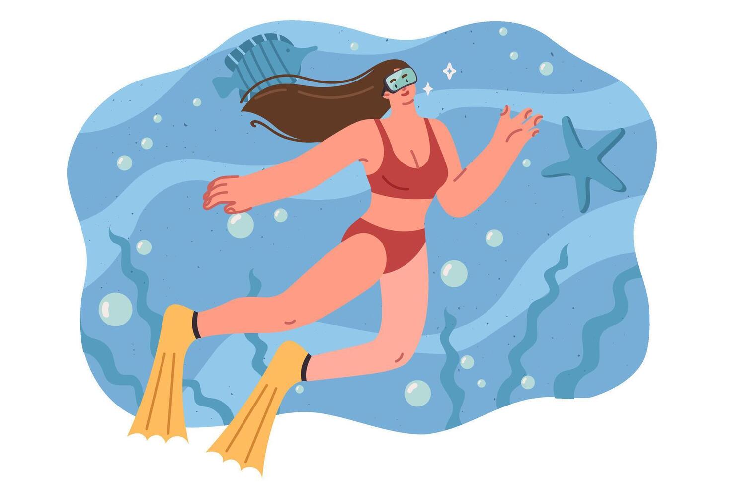 Woman is engaged in diving, swimming underwater among fish and sea plants, dressed in swimsuit vector