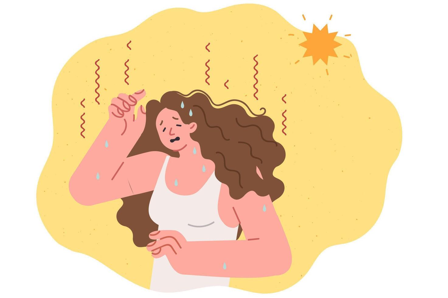 Sweaty woman suffers from unbearable heat and summer weather causing exhaustion and heatstroke vector