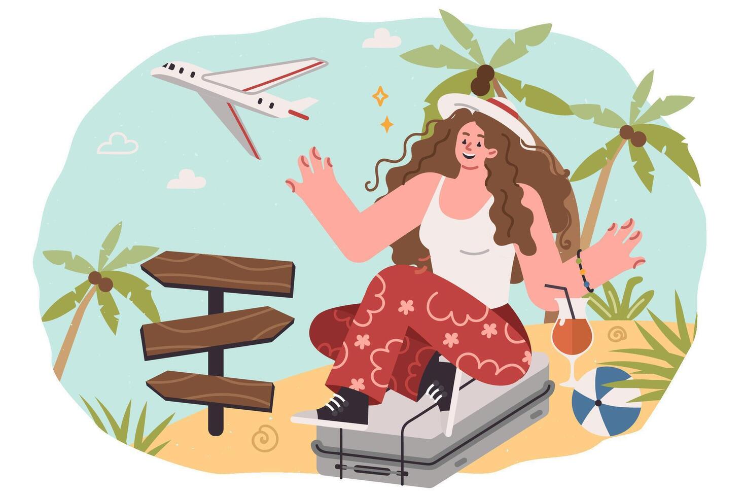 Woman tourist travels to exotic islands with palm trees, sits on suitcase with luggage vector